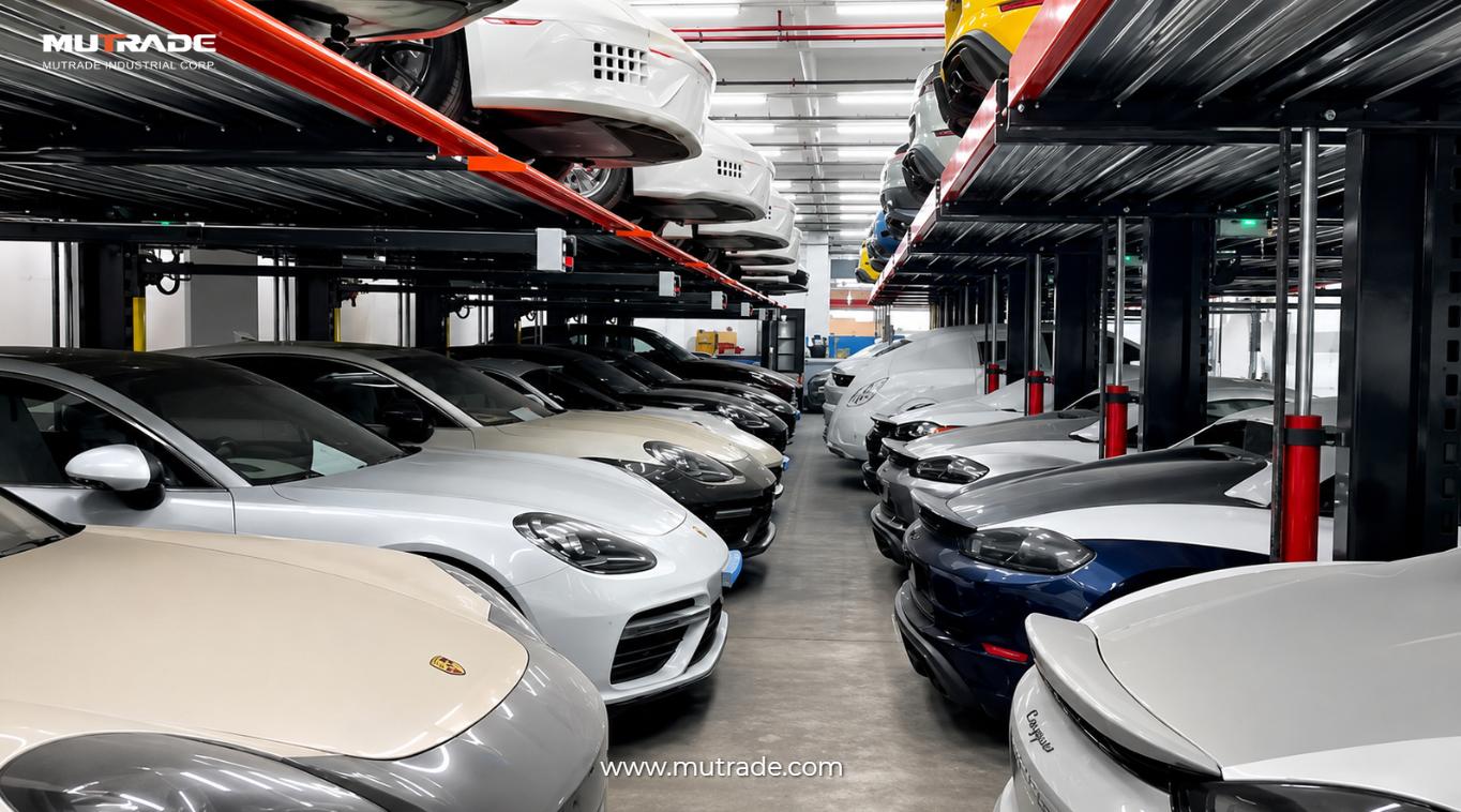 Elevadores de estacionamiento de dos columnas Hydro-Park 1127 instalados en el interior de un concesionario de autom&oacute;viles de lujo en Hong Kong